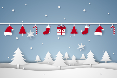 Merry Christmas and Happy New Year, winter landscape with ornaments hanging, paper art styleのイラスト素材