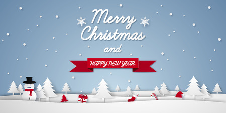 Merry Christmas and Happy New Year , winter landscape with ornaments , xmas background , paper art styleのイラスト素材