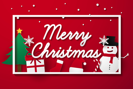 Merry Christmas and Happy New Year ,  invitation with ornaments in frame , xmas card , paper art styleのイラスト素材