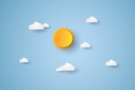 Clouds icon, blue sky with cloud and sun, paper art style.のイラスト素材