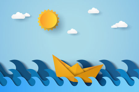 Blue wave in ocean with boat sailing , paper art styleのイラスト素材