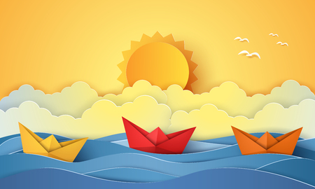 Summer time , sea with origami boat and sun , paper art styleのイラスト素材