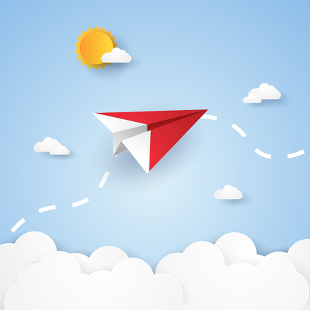 Origami planes flying in the sky  paper art style Vector illustration.のイラスト素材