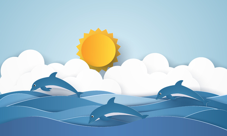 Sea with dolphins and sun  paper art style Vector illustration.のイラスト素材