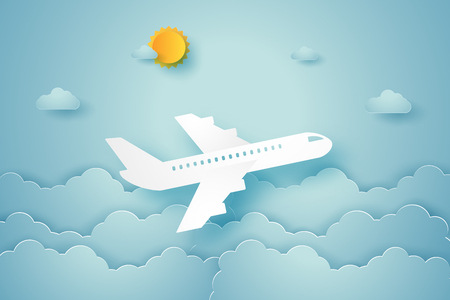 Airplane flying in the sky , paper art styleのイラスト素材