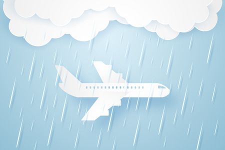 Airplane flying through a heavy rain , paper art styleのイラスト素材