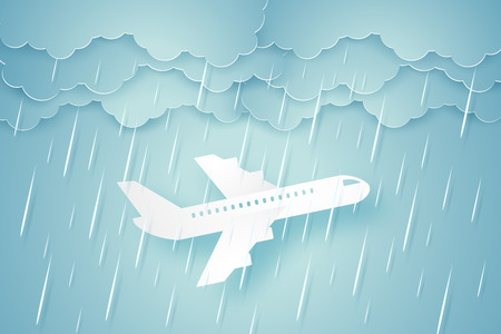 Airplane flying through a heavy rain , paper art styleのイラスト素材