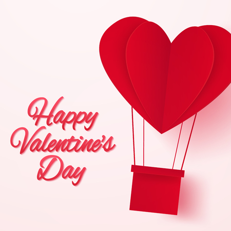 Valentines day, Illustration of love, red heart hot air balloon with lettering , paper art styleのイラスト素材