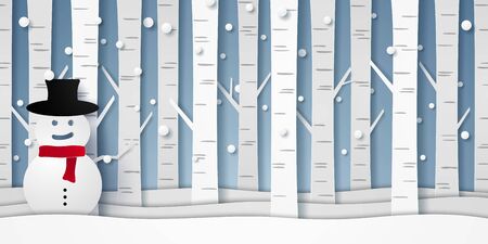 winter landscape with snowman, paper art styleのイラスト素材