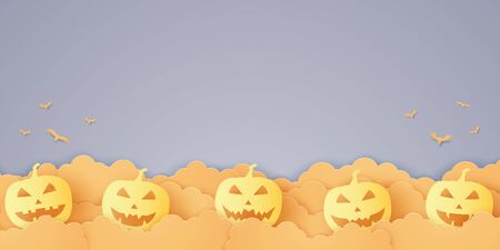 Halloween pumpkin in sky, paper art styleのイラスト素材