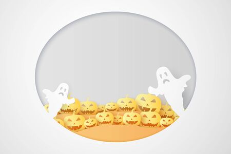 Halloween pumpkin and ghost, paper art styleのイラスト素材