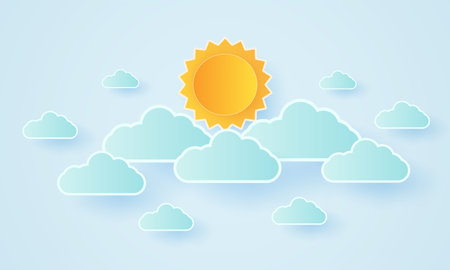 Cloudscape, blue sky with clouds and bright sun, paper art style