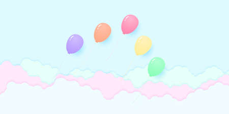 colorful pastel color balloons flying in the sky, rainbow color pattern, paper art styleのイラスト素材