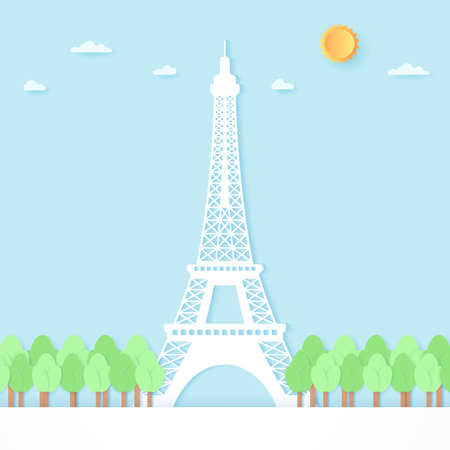 Eiffel tower surrounded by trees, blue sky and sun, paper art styleのイラスト素材