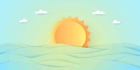 Summer Time, Seascape, cloudy sky with bright sun and sea, paper art styleのイラスト素材
