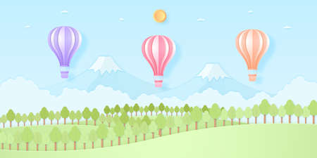 Colorful hot air balloons flying above mountain, Nature hill and trees with sun and blue sky, paper art styleのイラスト素材