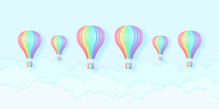 Colorful hot air balloons flying in the blue sky, Rainbow color, paper art styleのイラスト素材
