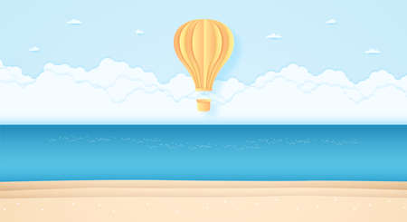 bright hot air balloon flying above sea in the blue sky and beach, paper art styleのイラスト素材