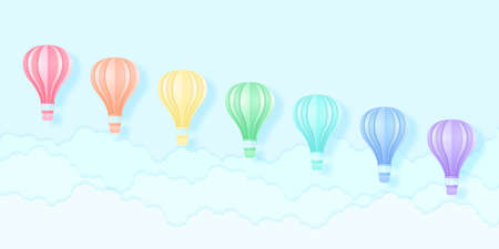 Colorful hot air balloons flying in the blue sky, Rainbow color pattern, paper art styleのイラスト素材