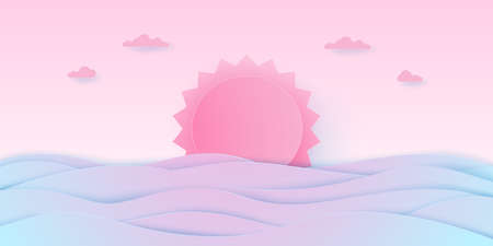 Concept of love, Seascape, cloudy sky with pink sun and sea, paper art styleのイラスト素材