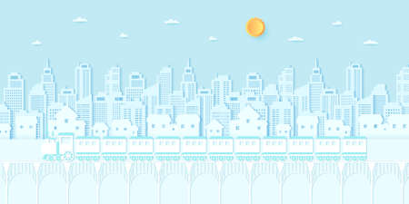 Transportation, Train running on the bridge, Cityscape, residential, house, buildings with blue sky and sun, paper art styleのイラスト素材
