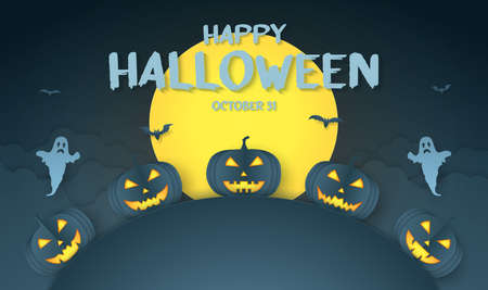 Happy Halloween, pumpkin head, bat, ghost, clould and moon with text, paper art styleのイラスト素材