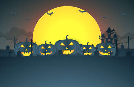 Halloween pumpkin head with castle, graveyard on the hill and super moon, copy space, paper art styleのイラスト素材