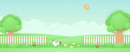 Spring Time, landscape, origami chicken and chicks in the garden with trees, plant pots, beautiful flowers on grass and fence, bird on the branch, paper art styleのイラスト素材