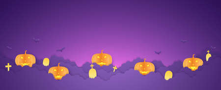 Halloween orange pumpkin head, bats and graveyard on cloud, copy space, paper art styleのイラスト素材