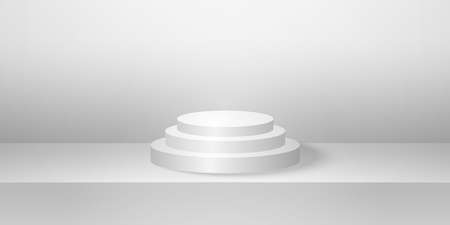 Realistic round podium or pedestal with grey empty studio room, minimal product background, template mock up for display, geometric shapeのイラスト素材