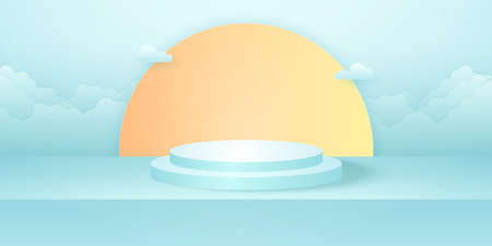 Realistic round podium or pedestal with cyan empty studio room, minimal product backdrop, sun and cloud in the sky background, template mock up for display, geometric shapeのイラスト素材