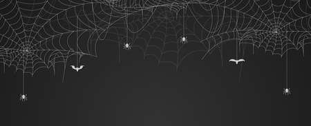 Spider web banner with spiders and bats hanging, cobweb background, copy spaceのイラスト素材