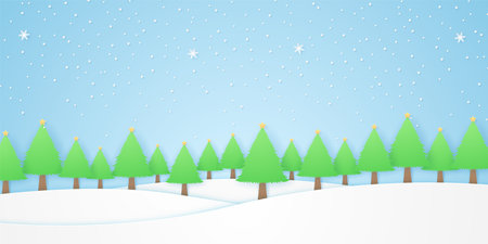 landscape, trees with star and snow falling in winter season, white hill, paper art styleのイラスト素材