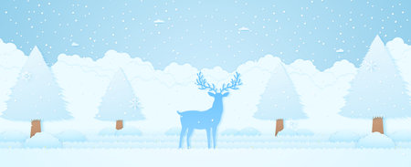 Merry Christmas, winter landscape, Reindeer with tree in park, snow falling and snowflakes, invitation card, paper art styleのイラスト素材
