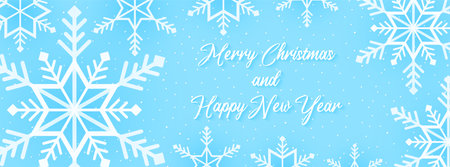 Merry Christmas and Happy new year, snowflakes pattern background, snow falling banner with lettering, paper art styleのイラスト素材