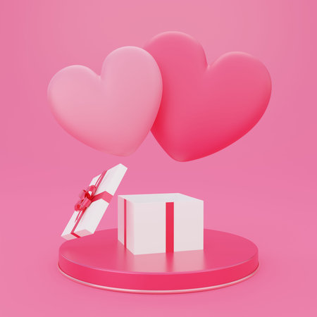 Valentine's day, love concept background, 3d opened gift box on round podium with pink heart shape...