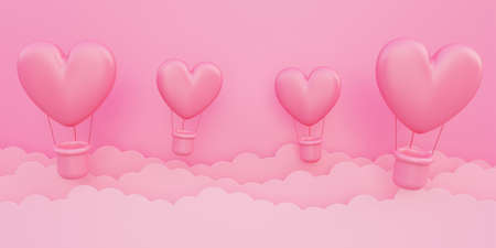 Valentine's day, love concept background, pink 3d heart shaped hot air balloons flying in sky with paper cloudの写真素材