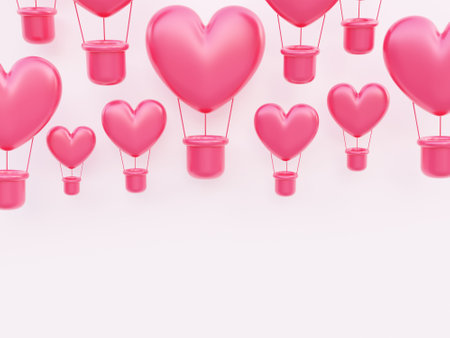 Valentine's day, love concept background, red 3d heart shaped hot air balloons floating with blank spaceの写真素材