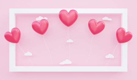 Valentine's day, love concept background, 3D illustration of red heart shaped balloons floating out...