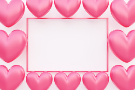 Valentine's day, love concept, 3D illustration of red heart shape background, greeting or advertising card, rectangle frame with blank spaceの写真素材