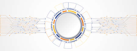 Abstract Colorful Technology Background, white circle banner on blue and orange gradient digital circle and circuit board patternのイラスト素材