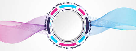 Abstract Colorful Technology Background, white circle banner on blue and pink gradient digital circle and wavy line patternのイラスト素材