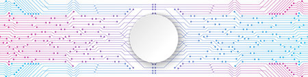 Abstract Technology Background, white circle banner on blue and pink gradient circuit board patternのイラスト素材