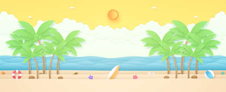 Summer Time, seascape, landscape, coconut trees and summer stuff on beach with wavy sea, bright sun and orange sunny sky, paper art styleのイラスト素材