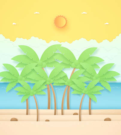 Summer Time, seascape, landscape, coconut trees and stone on beach with sea, bright sun and orange sunny sky, paper art styleのイラスト素材