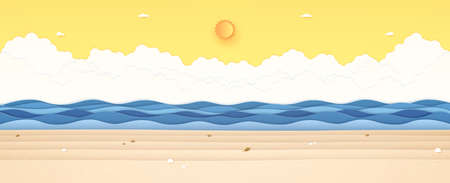 Summer Time, seascape, landscape, blue wavy sea with stone and shellfish on beach, bright sun and orange sunny sky, paper art styleのイラスト素材