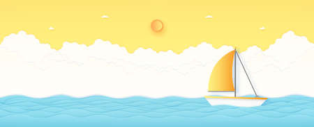 Summer Time, seascape, sailboat with blue wavy sea, bright sun and orange sunny sky, paper art styleのイラスト素材