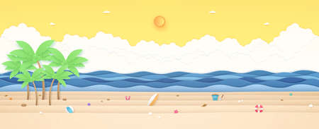 Summer Time, tropical landscape, coconut trees and summer stuff on beach with wavy sea, bright sun and orange sunny sky, paper art styleのイラスト素材