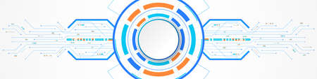 Abstract Technology Background, white circle banner on colorful digital circle and circuit boardのイラスト素材