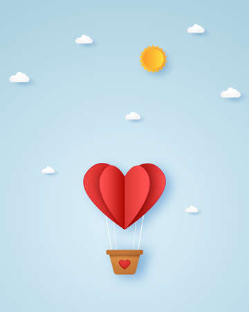 Valentines day, Illustration of love, red heart hot air balloon flying in the sky, paper art styleのイラスト素材